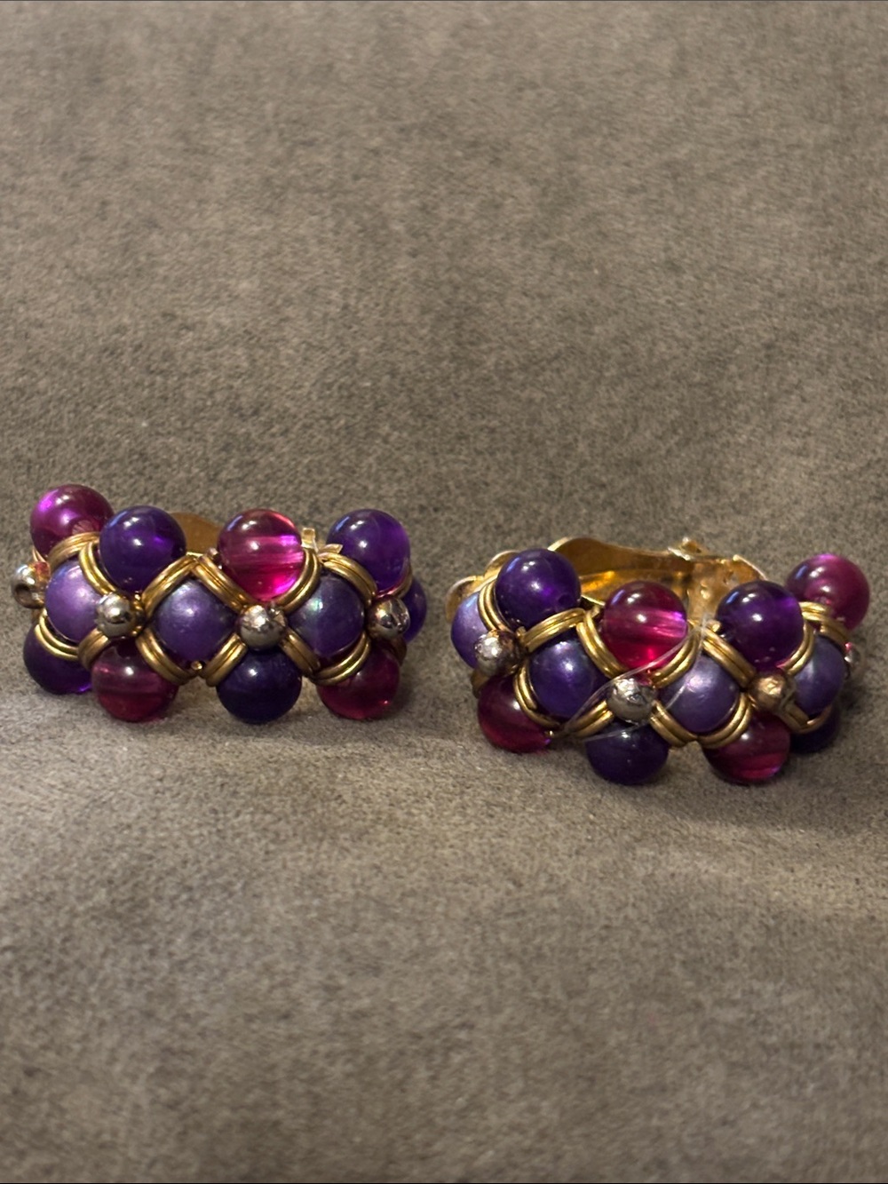 Vintage Gold-Tone Purple & Pink Beaded Clip Hoop Earrings
